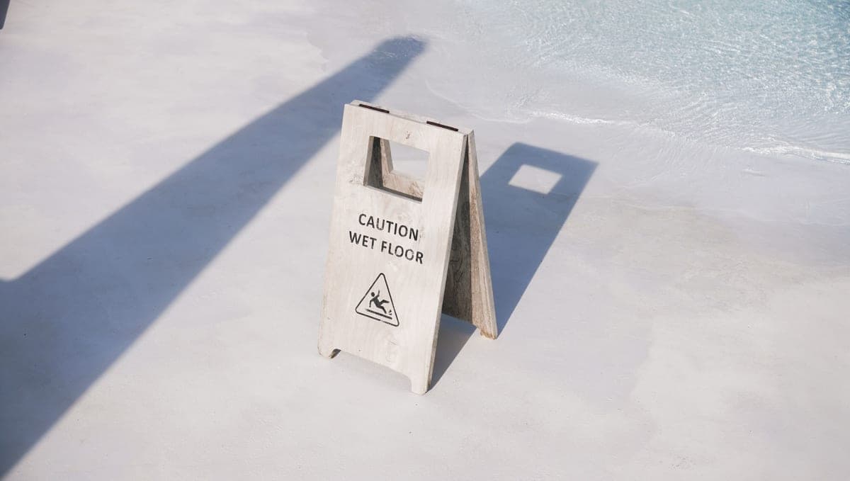 A wet floor beside a caution sign